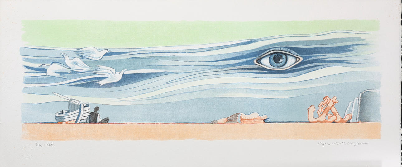 AXEL OLSON. Färglitografi, surrealistisk komposition, signerad och numrerad 86/260.