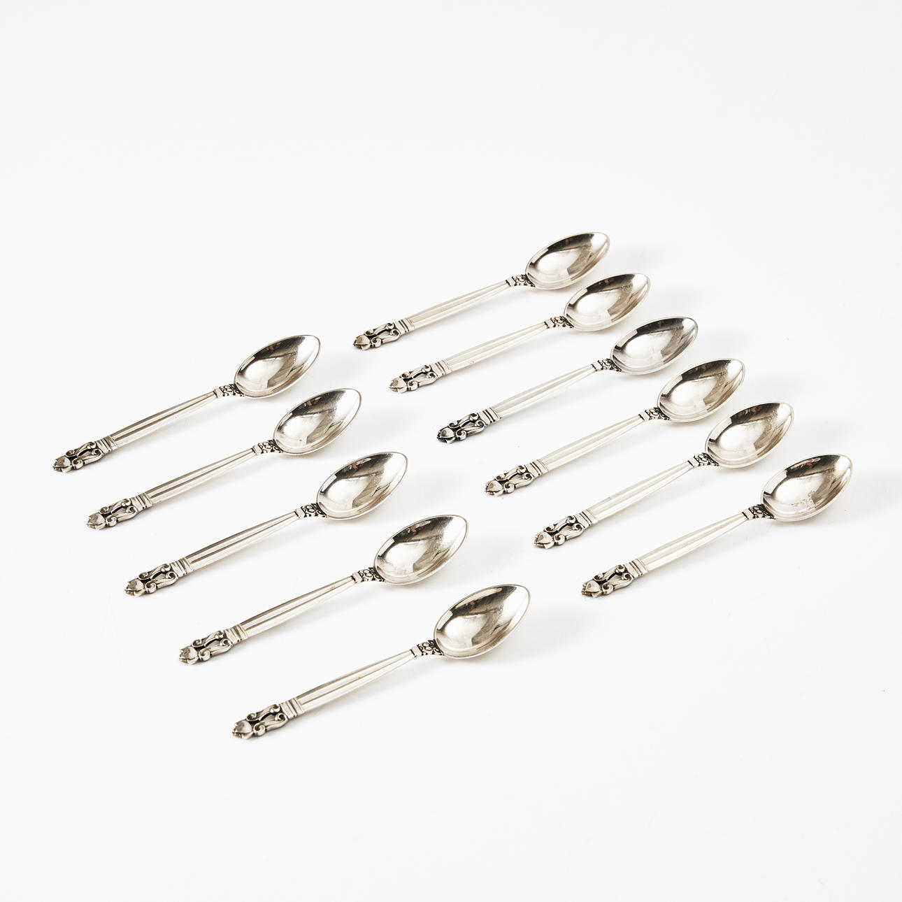 GEORG JENSEN. Kaffeskedar, 11 st, "Konge", Johan Rohde, sterlingsilver, Danmark.