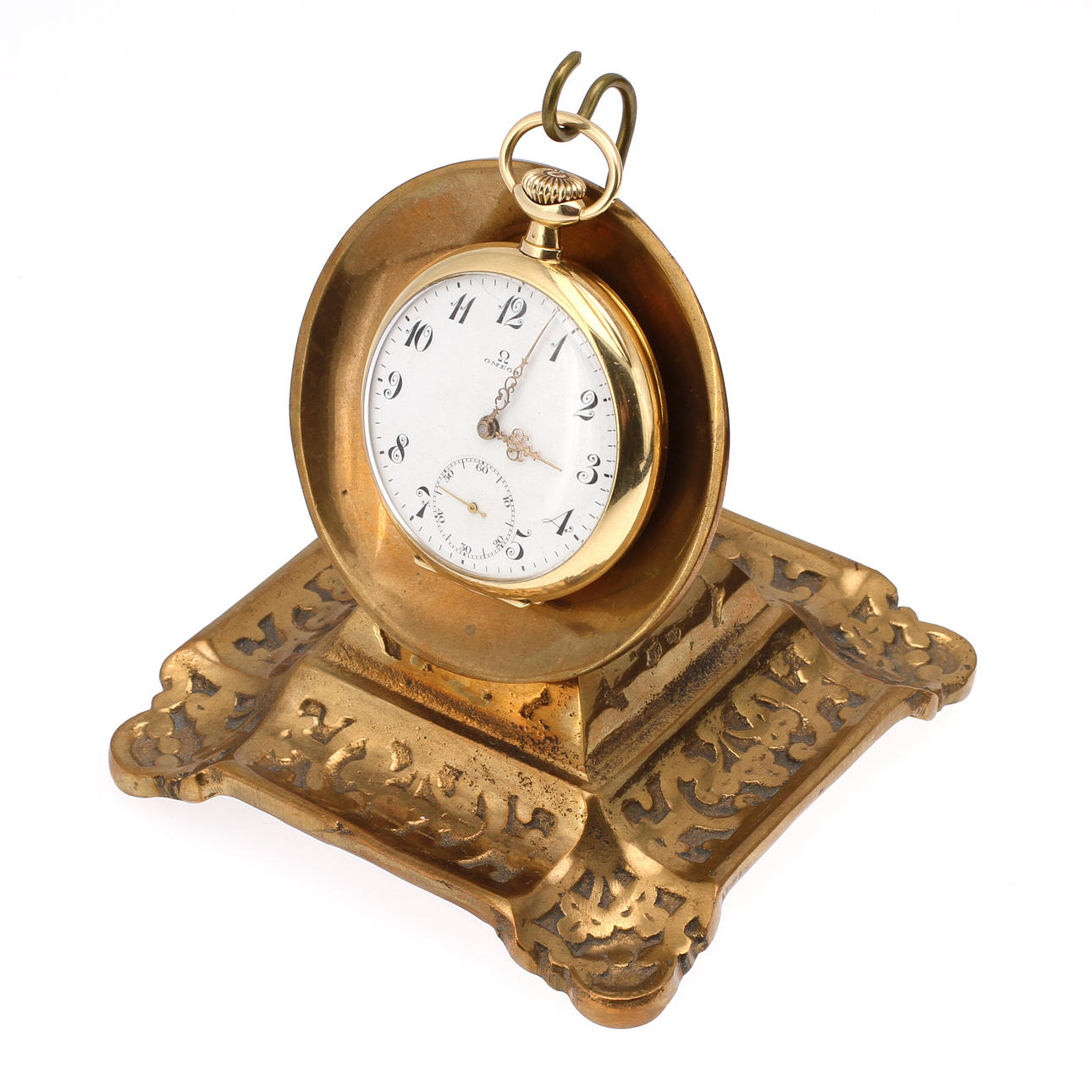 FICKUR, Omega, 14k guld samt fickursställ i mässing.