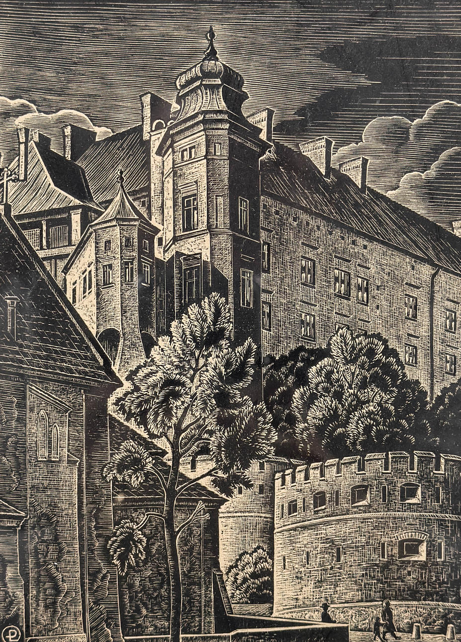 LEON POLSZAY. TRÄSNITT, "Krakow slott", signerad, daterad-54.