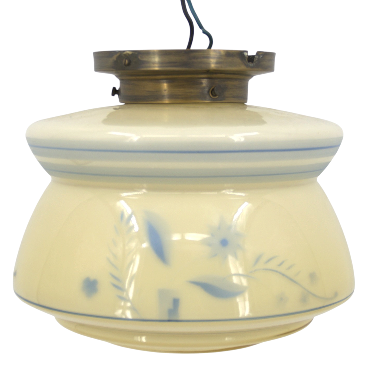 TAKLAMPA, takfäste av metall, kupa av beigetonat glas med floral dekor i ljusblått, 1930/40-tal.