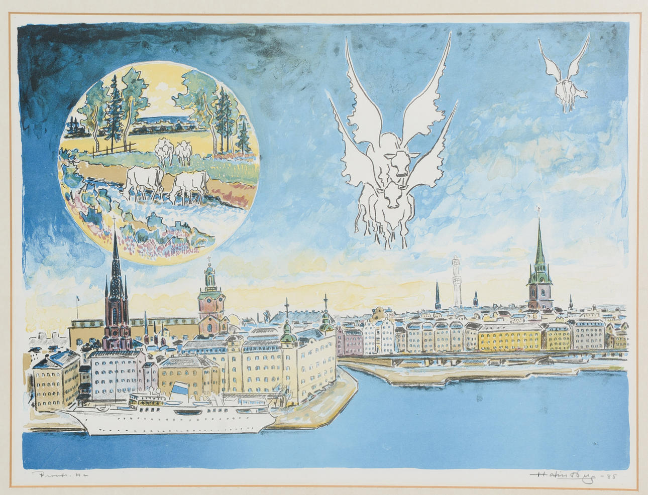 HANS LINDBERG. Flying crows over Stockholm, colour lithograph, signed and dated 85.