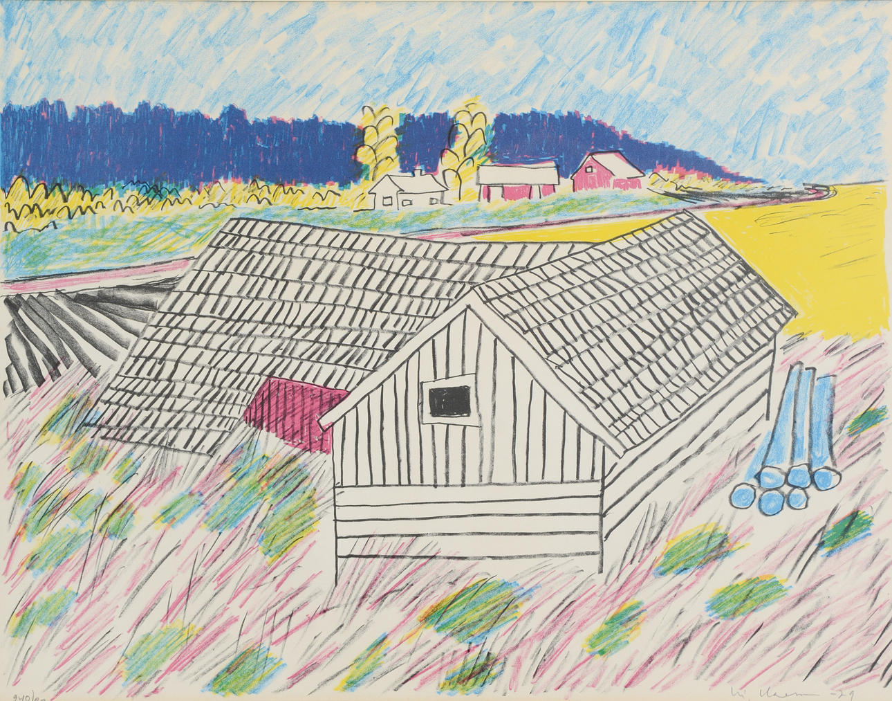 STIG CLAESSON. Cottage landscape, colour lithograph, signed and dated 79.