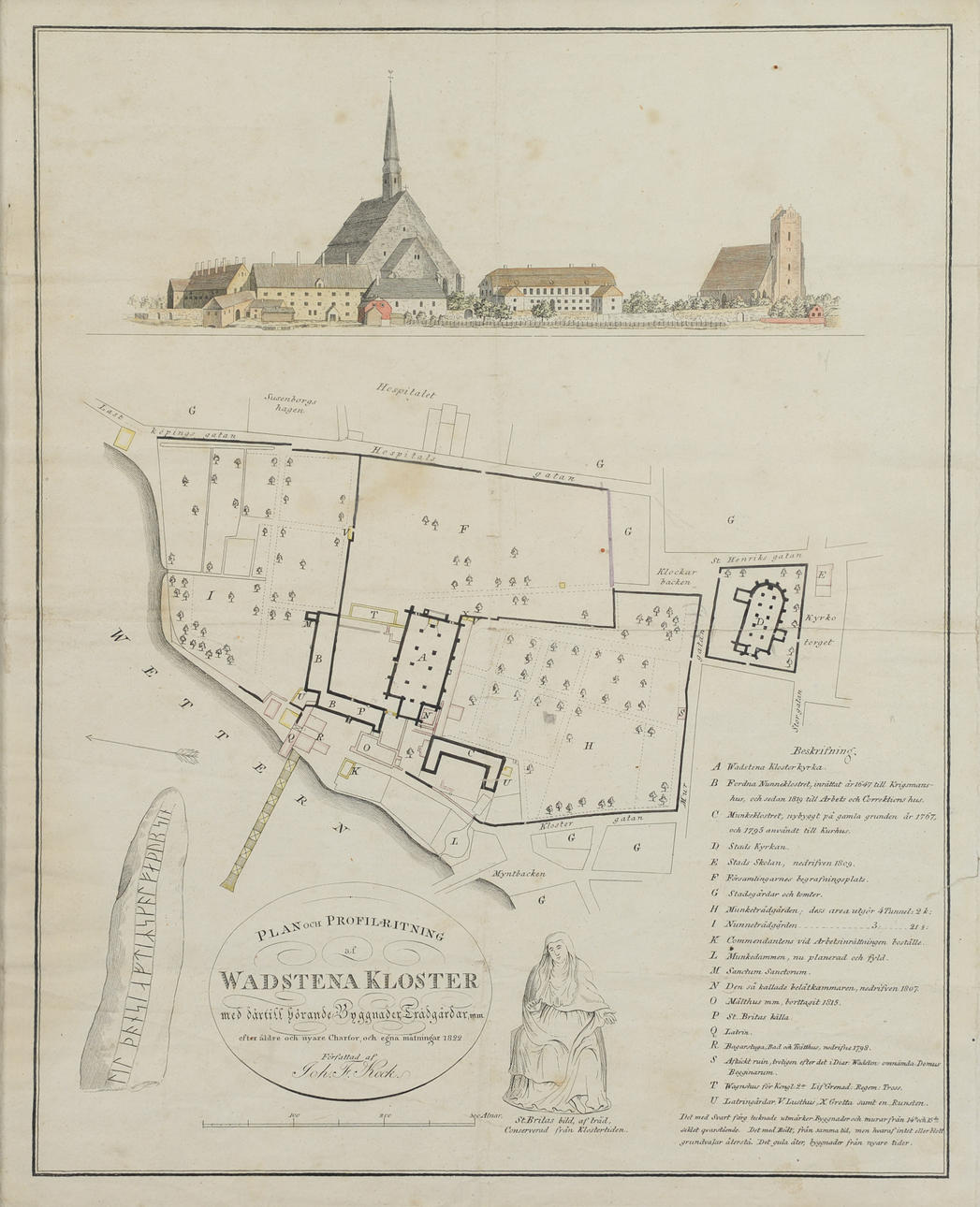 JOHAN F. KOCK. "Wadstena kloster", grafiskt blad, 1822.