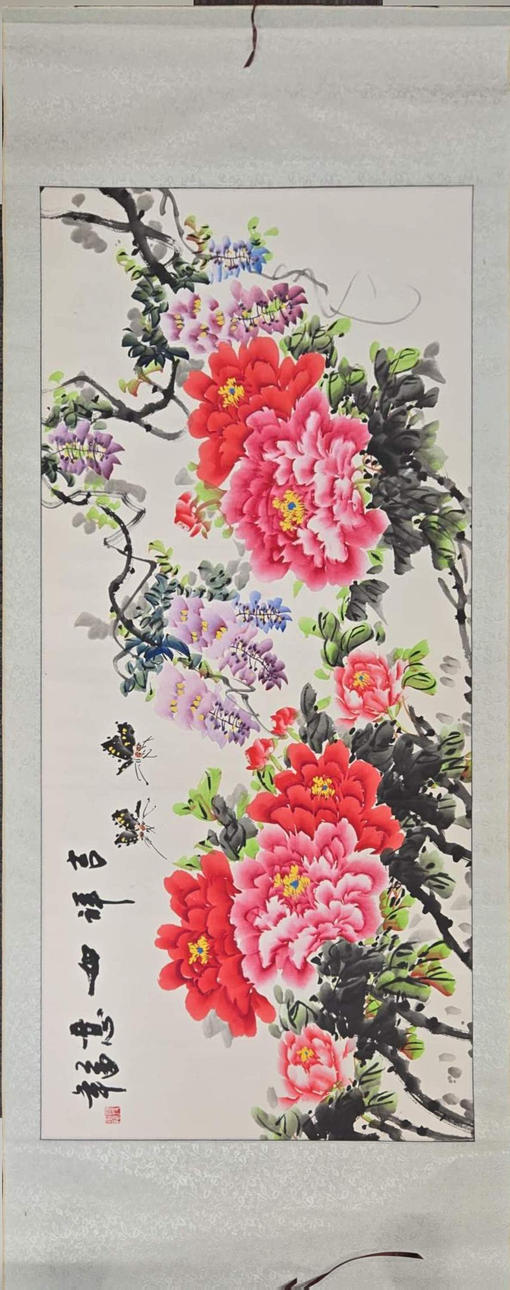 KINESISK AKVARELLRULLE MED BLOMMOR.