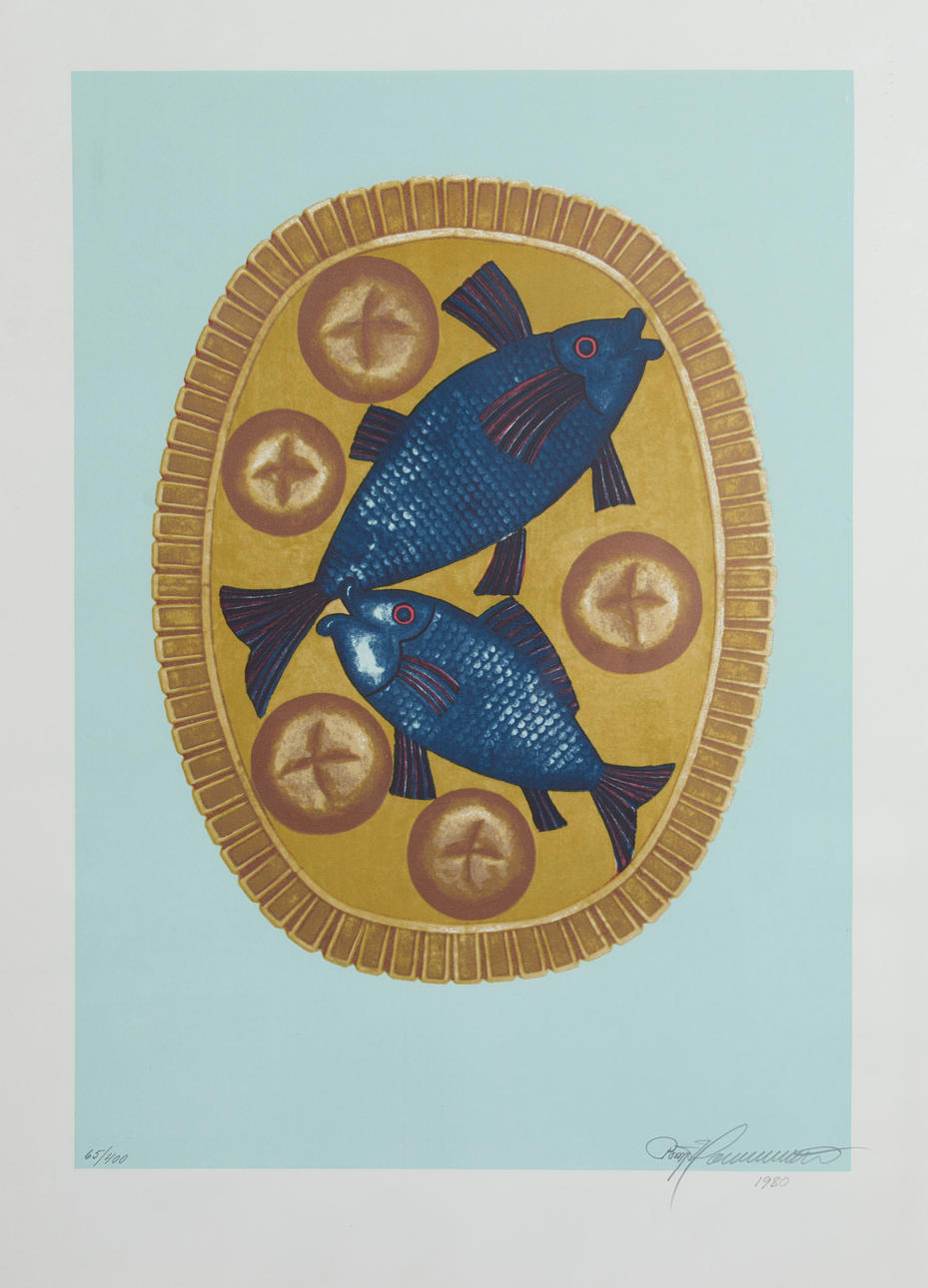 OIDENTIFIERAD KONSTNÄR. Five loaves and two fish, colour lithograph, signed, numbered and dated 1980.
