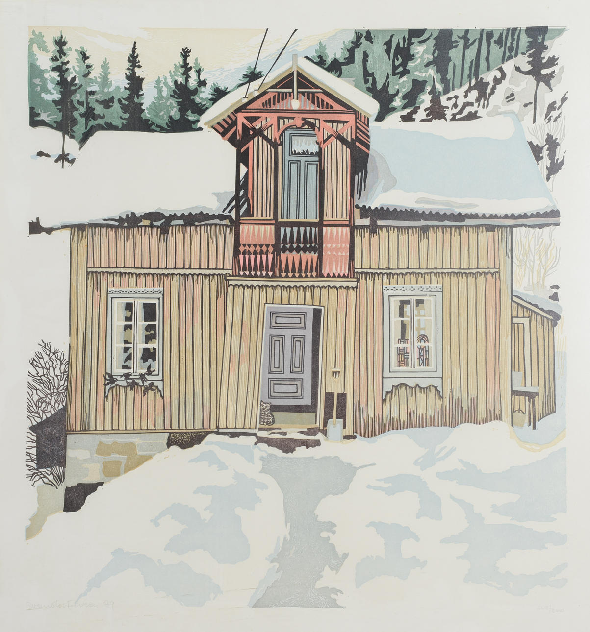 SVENOLOV EHRÉN. Äldre hus, färglitografi, signerad, numrerad samt daterad 79.
