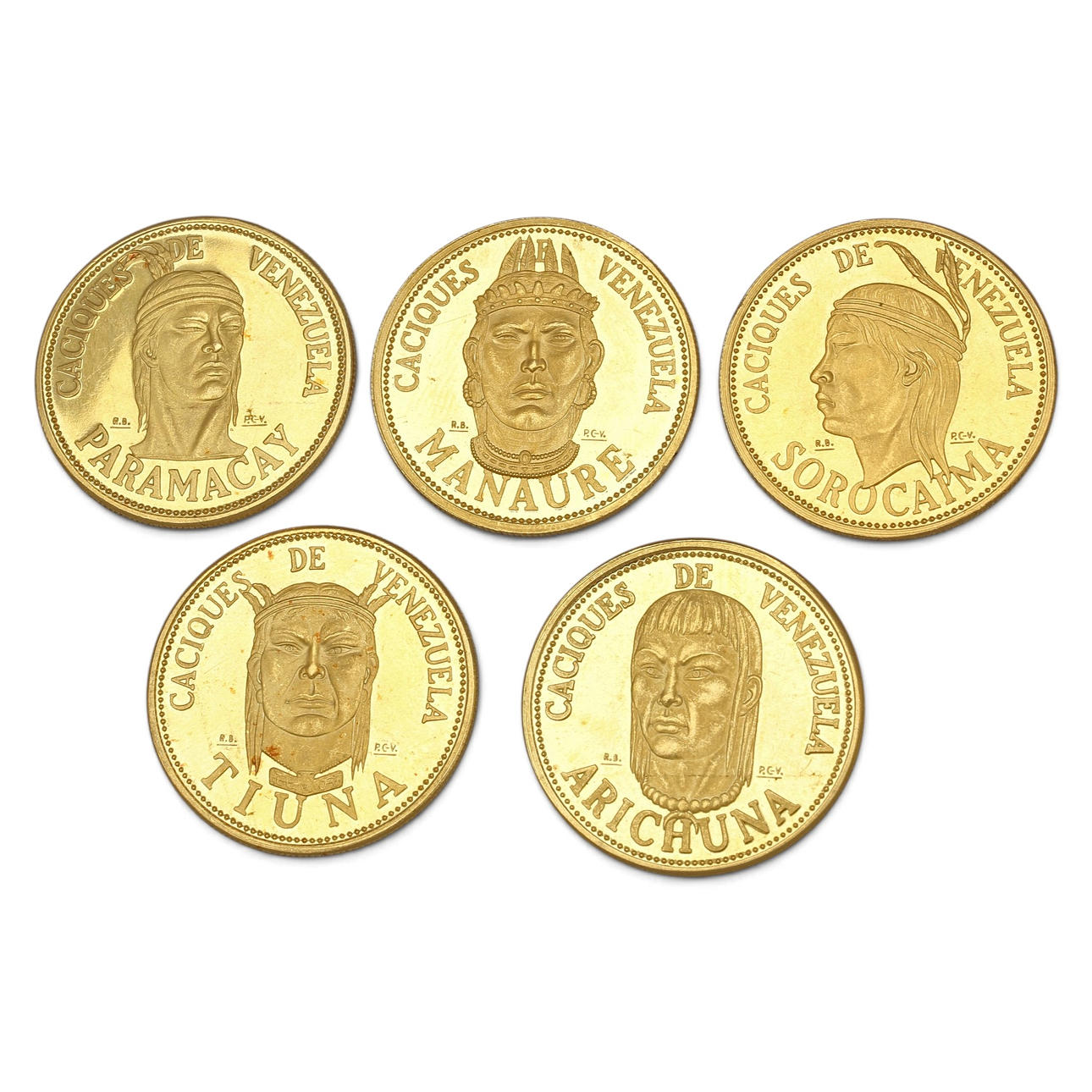 Five Venezuelan gold coins.