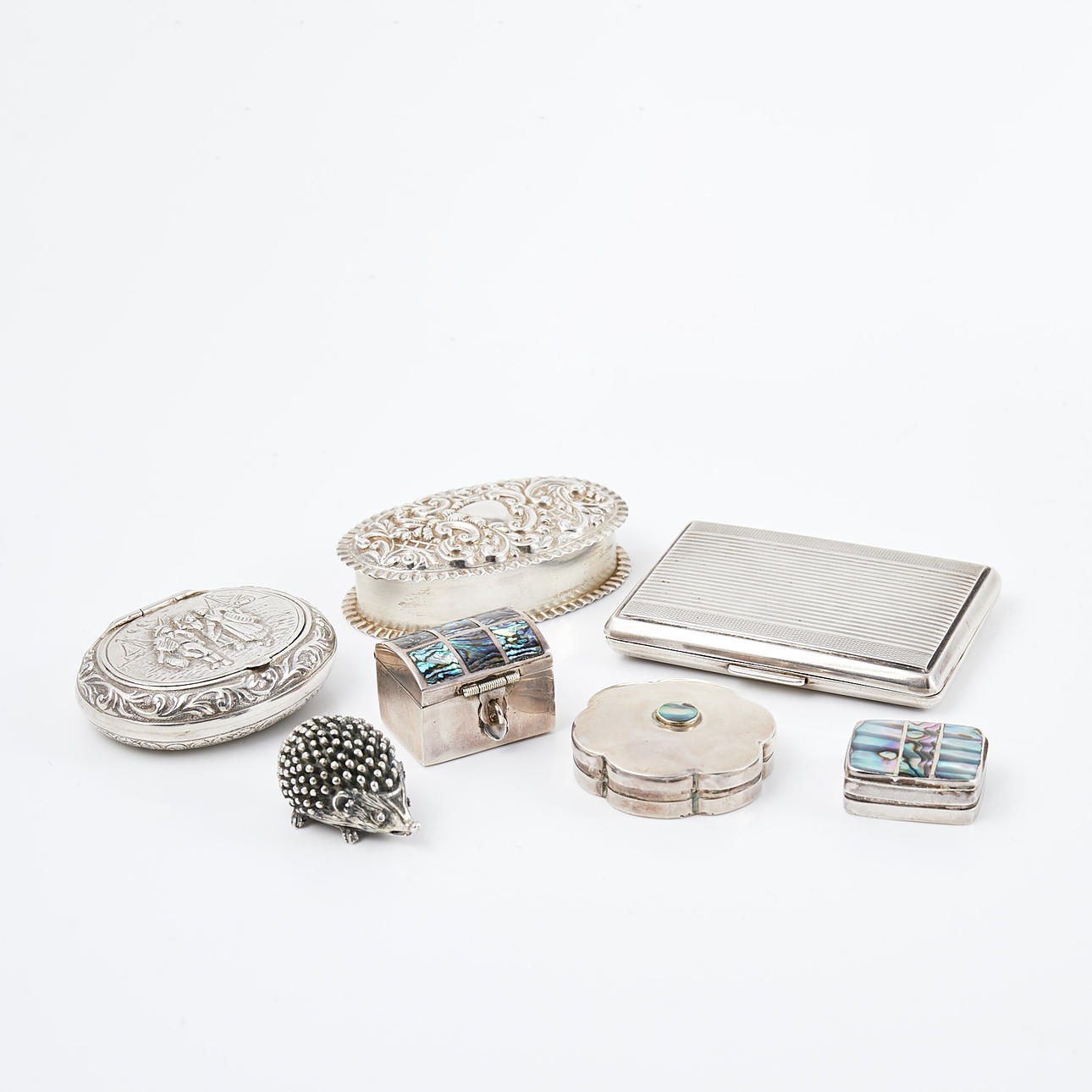 DOSOR, 7 st, silver och sterlingsilver, med bl.a. pärlemorintarsia, Sverige, Mexico, England, 1900 tal.