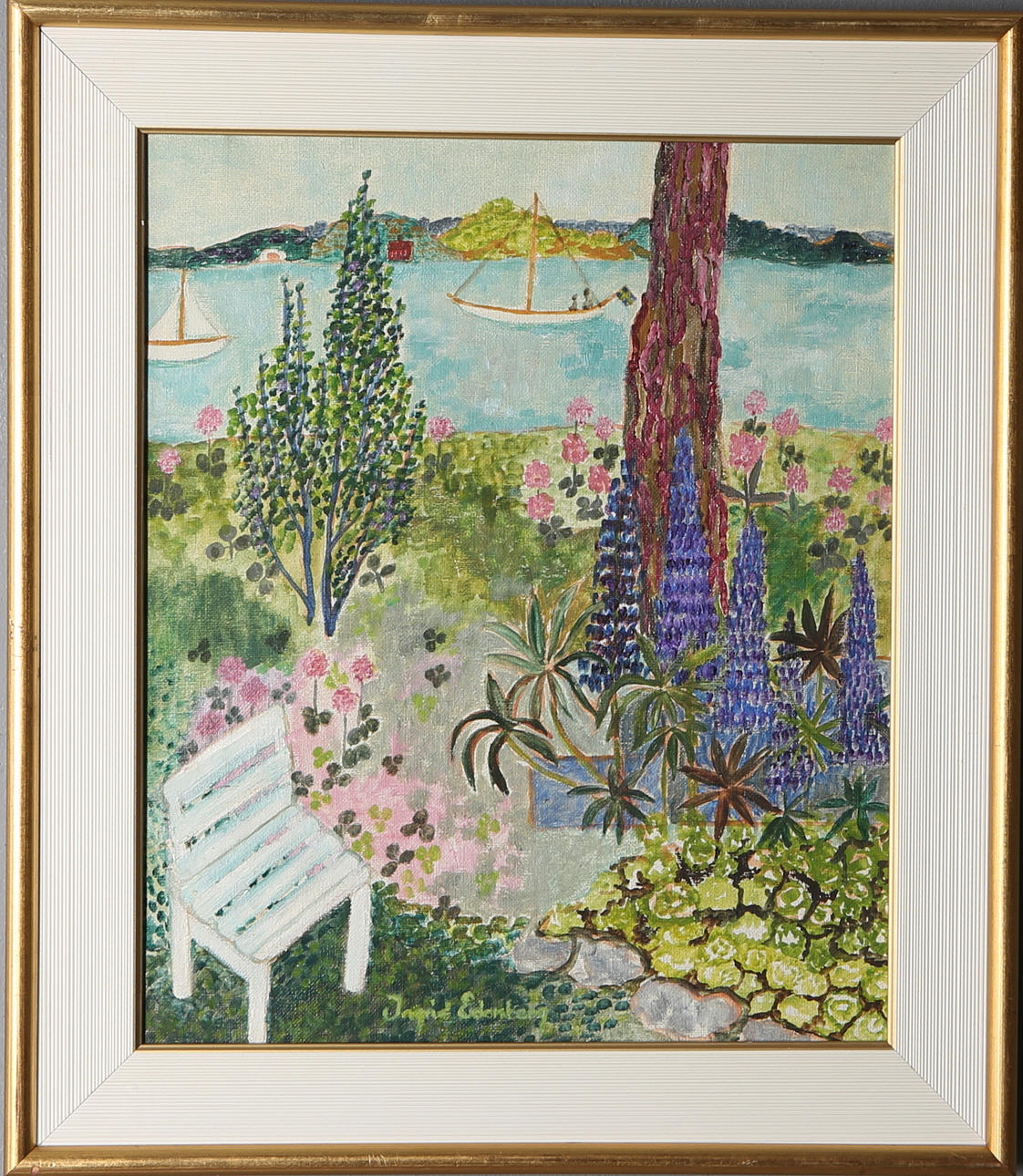 INGRID EDENBERG. Gartenbild, Mischtechnik auf Leinwand, signiert.