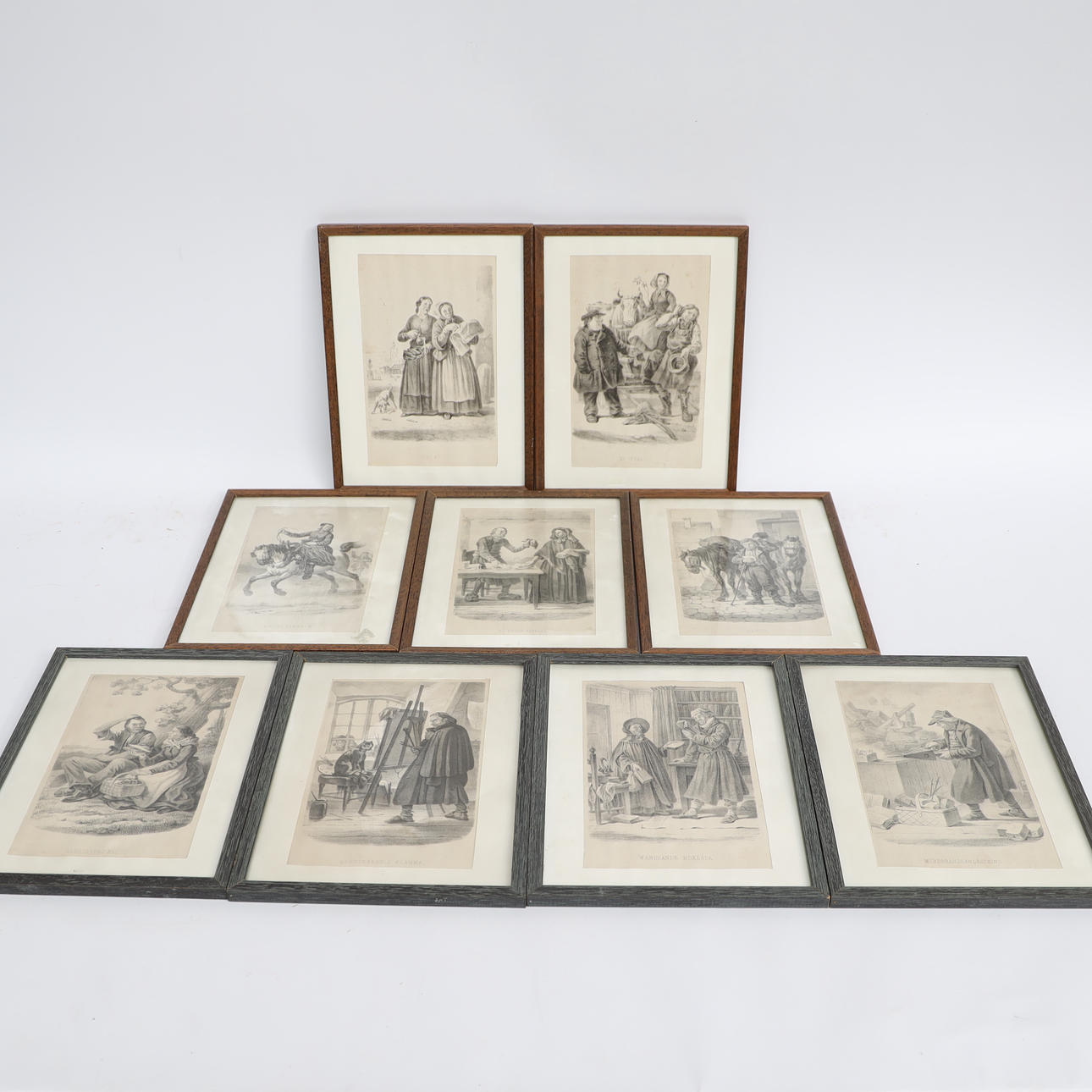 OIDENTIFIERAD KONSTNÄR. Grafiska blad, 9st, figurscener, 1800-1900-tal.