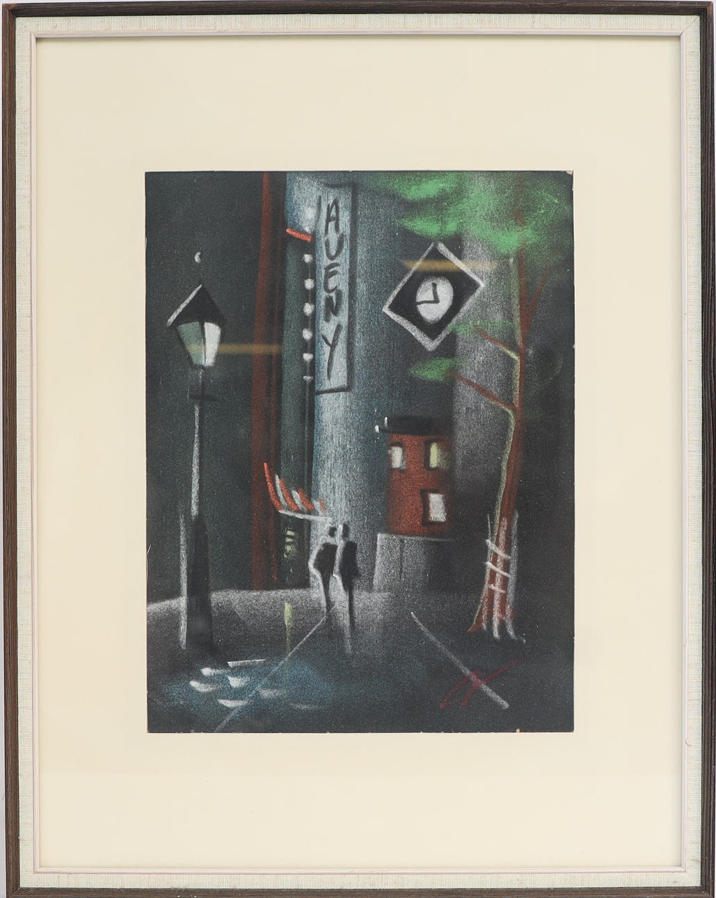 OIDENTIFIERAD KONSTNÄR. Stadsbild med figurer, pastell, otydligt signerad.
