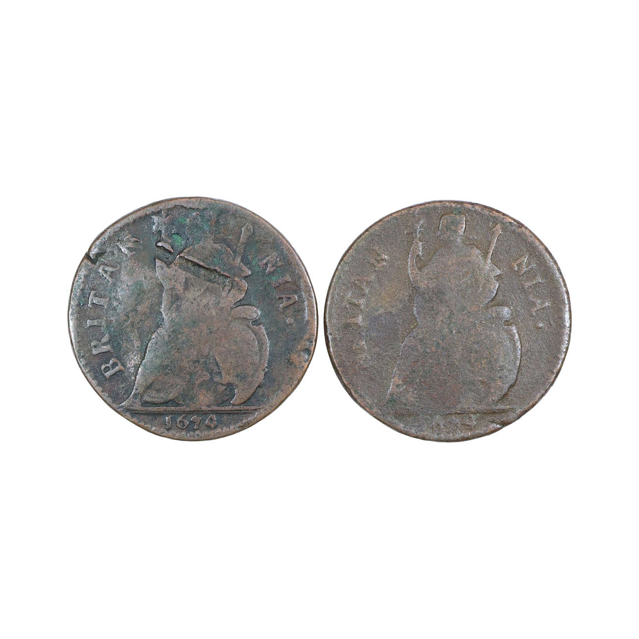 2 CHARLES II COPPER FARTHINGS, BOTH DATED 1674.