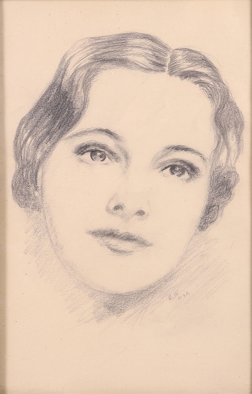 ELNA WICKSTRÖM. Pencil drawing, portrait, signed E.W. and dated 1937 ...