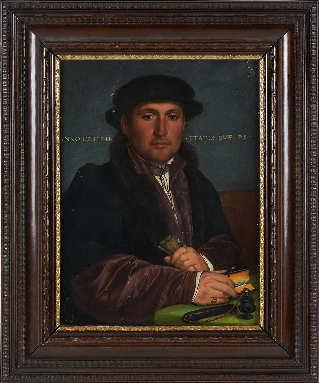 OIDENTIFIERAD KONSTNÄR. kopia efter Hans Holbein: Unknown Young Man At His Office Desk, olja på pannå.