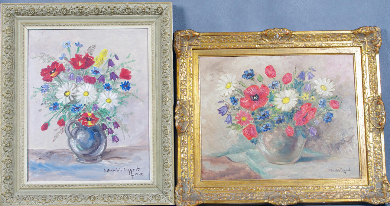 CARIN BRANDELS-ENGQVIST. Blomsterstilleben, 2 stycken, olja på duk.