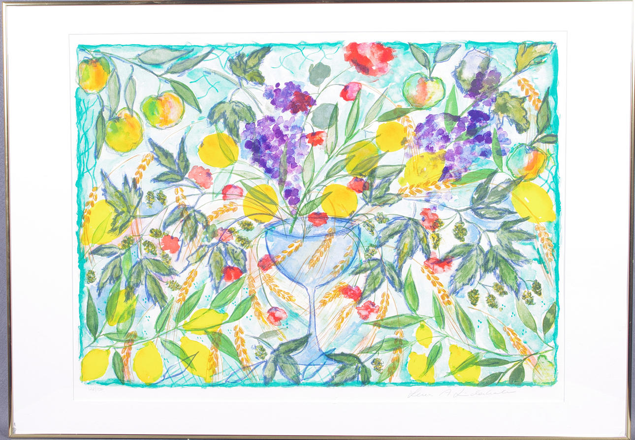 LENA LINDERHOLM. Blomsterstilleben, färglitografi.