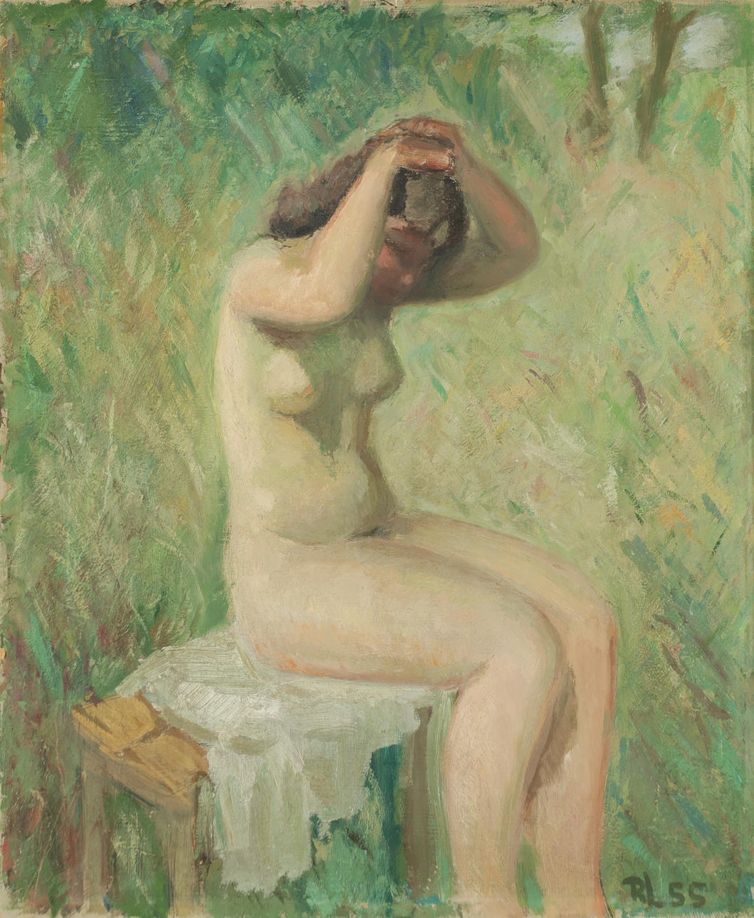 ATTRIBUTED TO ROBERT LEEPIN (1885-1967). Model study, oil on board, signed and dated 1955.