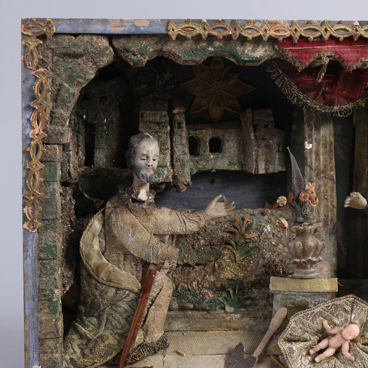 Nativity scene, wooden diorama with wax figures, Central European folk ...