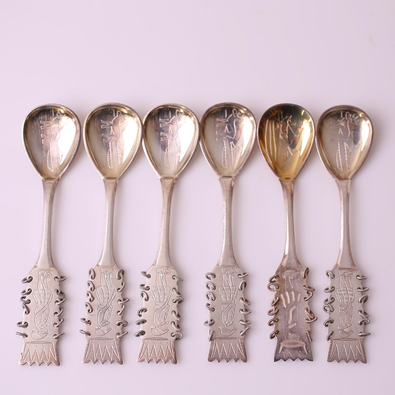 SPOONS, 6 pcs, silver, Sami work, length 11 cm, weight= 82 grams, 1900s ...