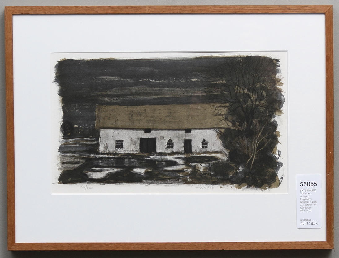 SIXTEN HAAGE. Motiv med ladugård. Färglitografi. Signerad Haage och daterad -85. Numrerad 55/120.
