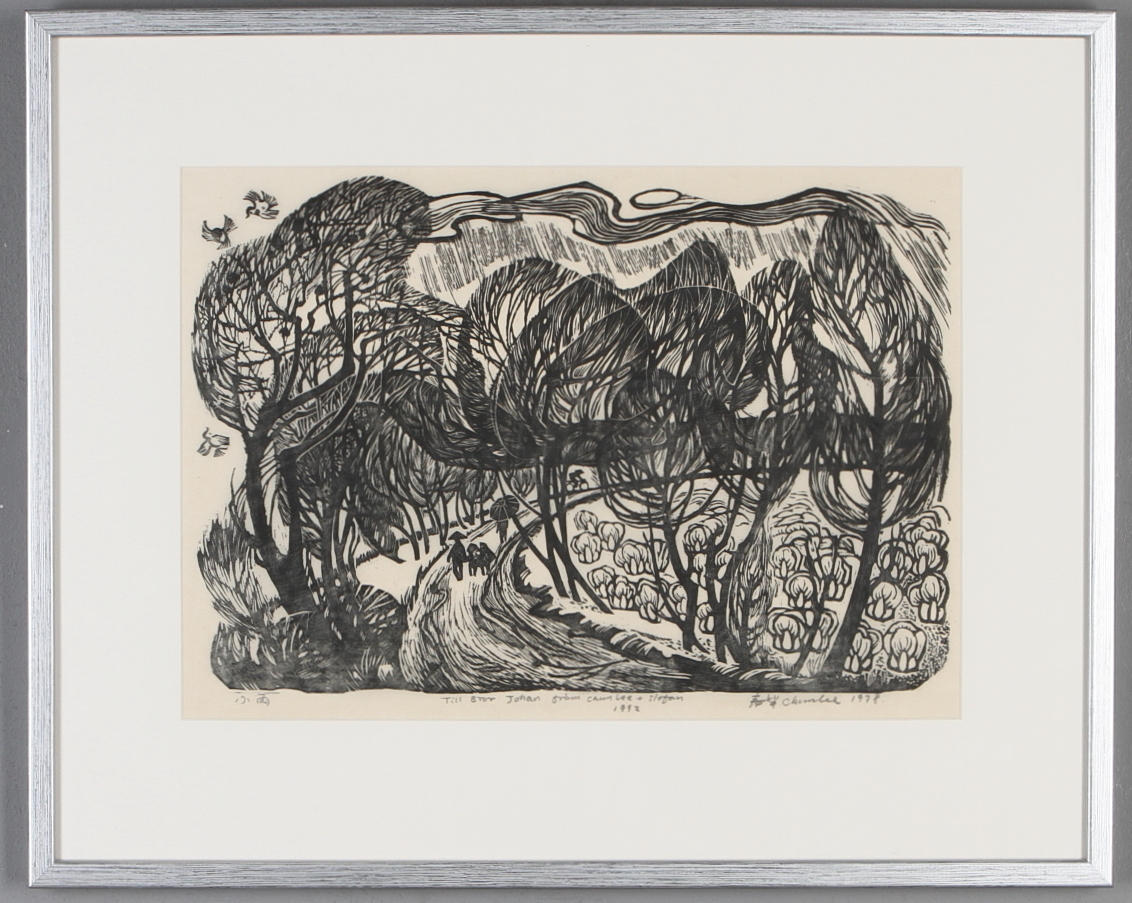 CHUN LEE WANG GURT. Landskapskomposition, träsnitt, unik, singerad.