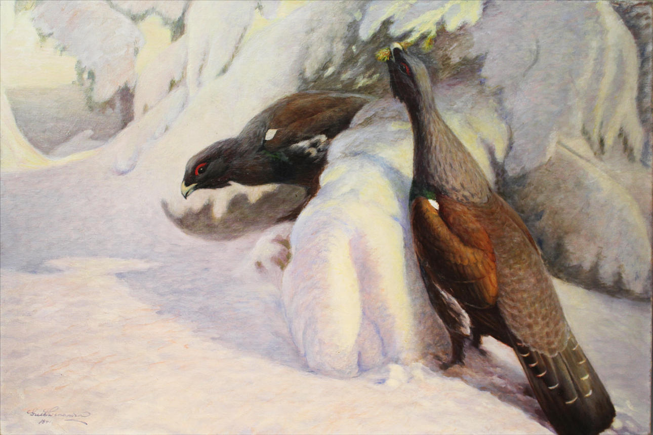 GUSTAV SVENANDER. Orrar i vintrigt landskap. Olja på duk. Signerad och daterad 1941.