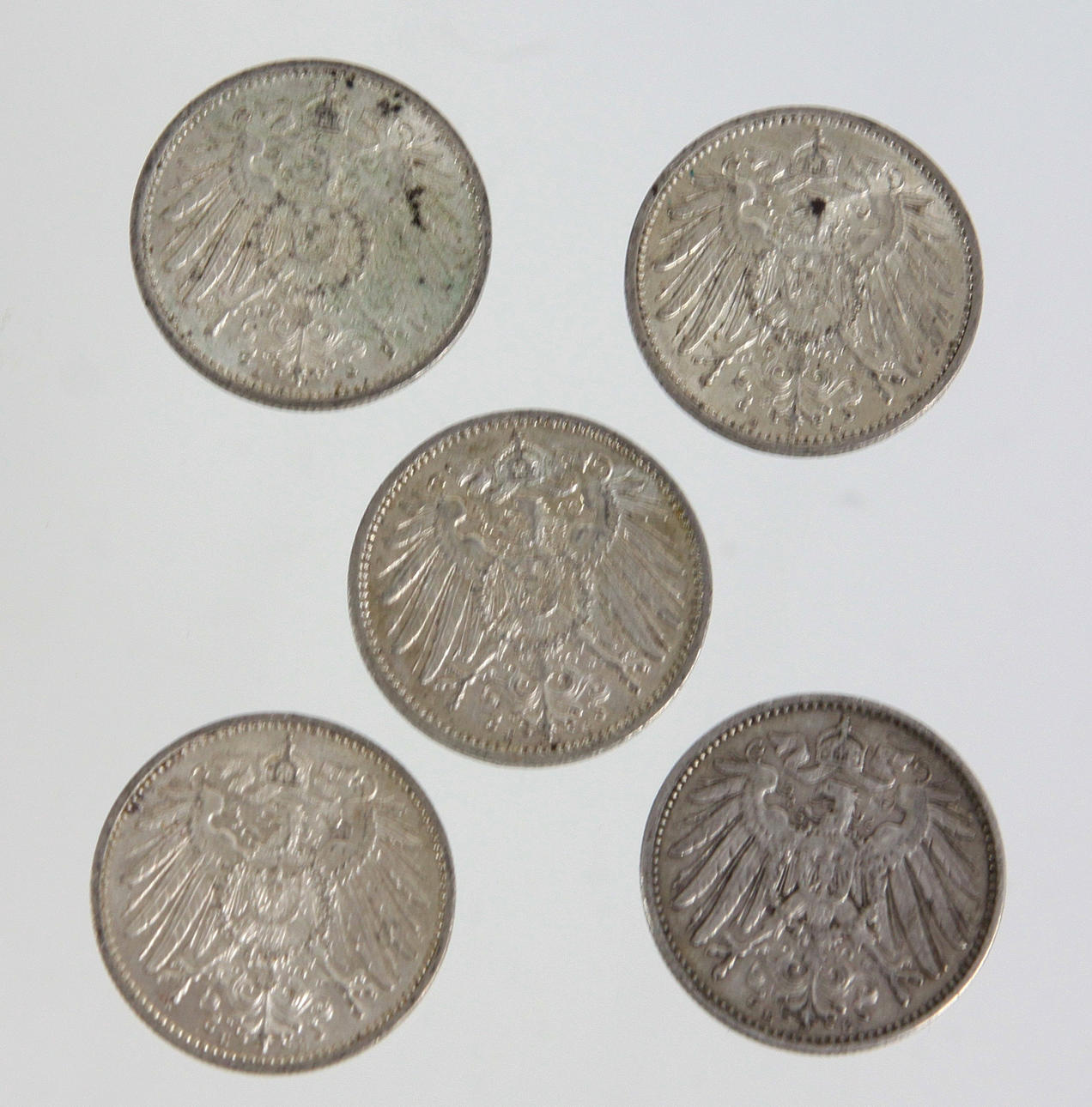 DEUTSCHES KAISERREICH, 5 St. 1 Mark-Münzen.