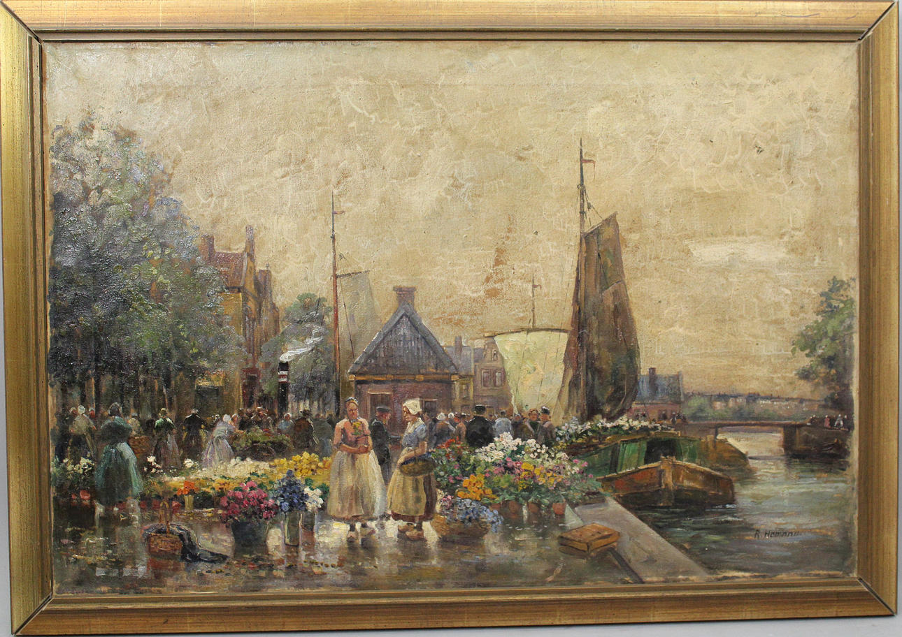 OIDENTIFIERAD KONSTNÄR. Blomsterhandel i Amsterdam. Olja på duk. Signerad R Hamann.