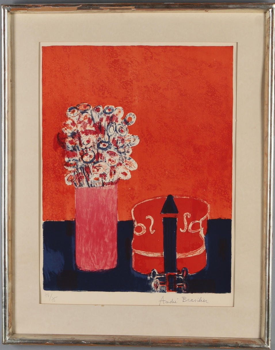 ANDRÉ BRASILIER. Blommor och fiol, färglitografi, signerad och numrerad 74/75.