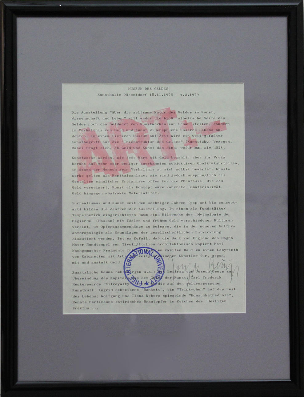 JOSEPH BEUYS. Museum des geldes, Kunsthalle Düsseldorf 18.11.1978-4.2.1979". Multipel. Signerad.