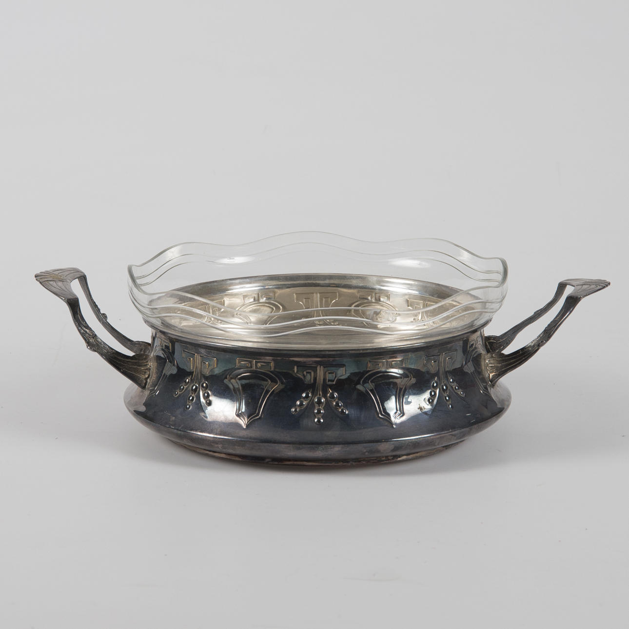 SCHALE mit Glaseinsatz, Neusilber/Glas, Jugendstil.