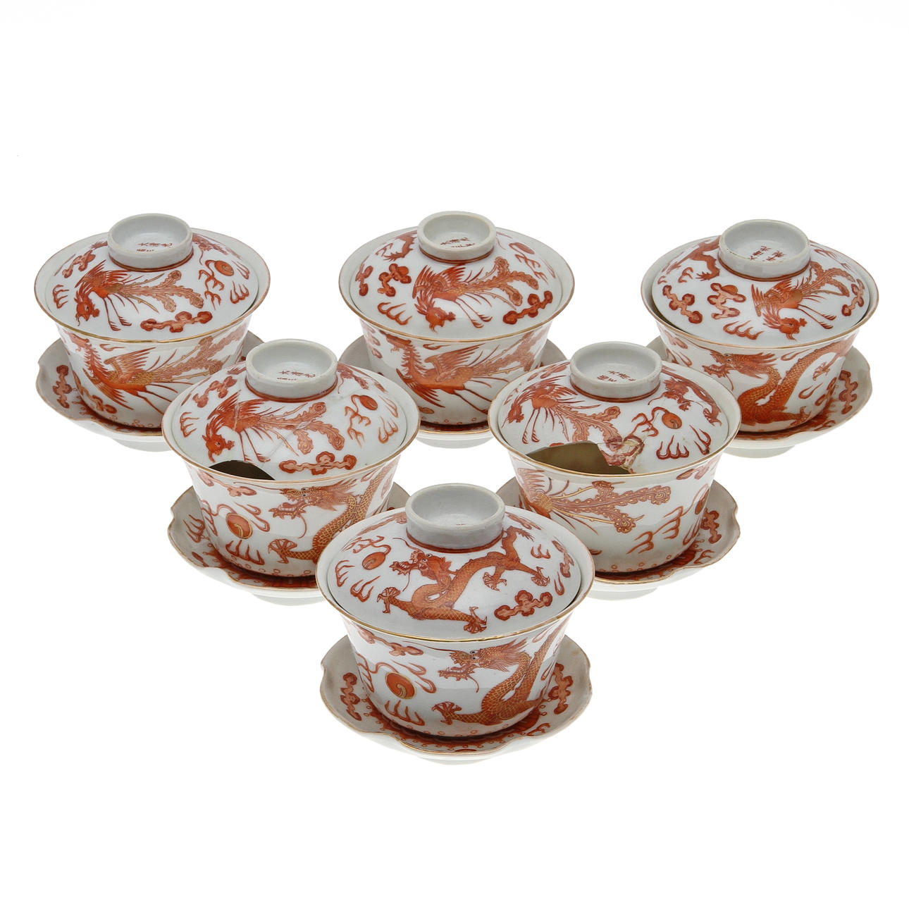 TEKOPPAR MED LOCK OCH FAT, 6 stycken, porslin, Kina, Kuang-Hsû (1875-1908).