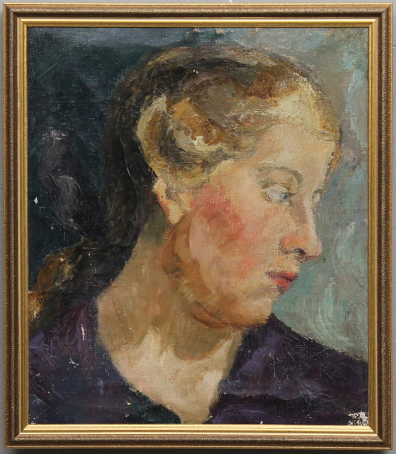 INGRID SJÖSTRAND, porträtt av konstnärinnan Ingegerd Torhamn, signerad.