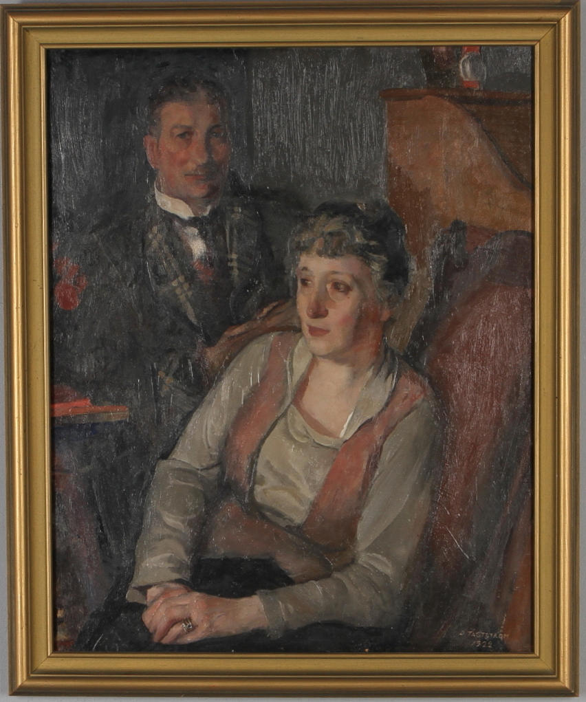 DAVID TÄGTSTRÖM. Porträtt, Enligt påskrift a tergo av Selim och Alma Dahlgren, olja på pannå, signerad och daterad 1922.