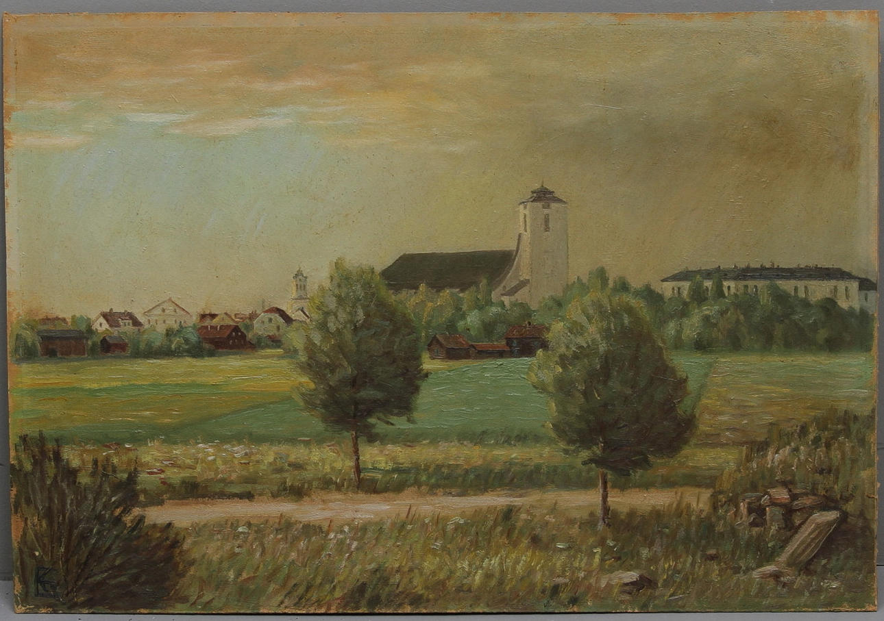KARL ELWIN. "Linköpings Domkyrka". Olja på pannå. Monogramsignerad KE samt daterad a tergo 1945.