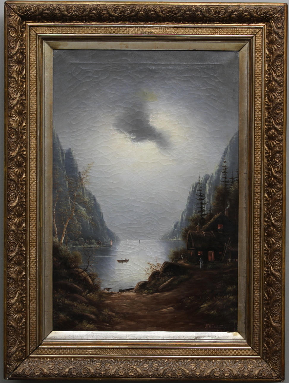 NILS HANS CHRISTIANSEN. Danmark, (1850-1920). 2 st. Fjordlandskap i nattljus samt dagsljus. Olja på duk. Signerade.