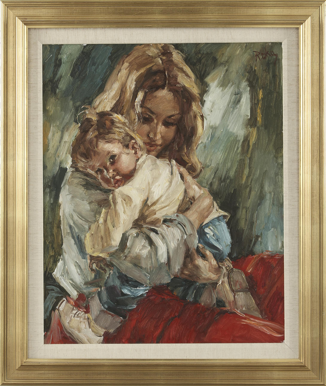 CHARLES ROKA. Olja på duk, signerad. Mor med barn.