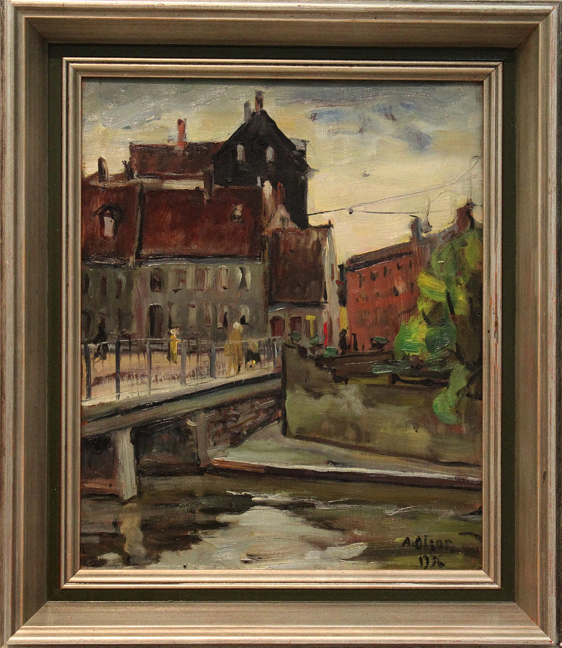 ANDERS OLSSON. Vid bron, Aarhus (Danmark). Olja på pannå. Signerad A Olsson.