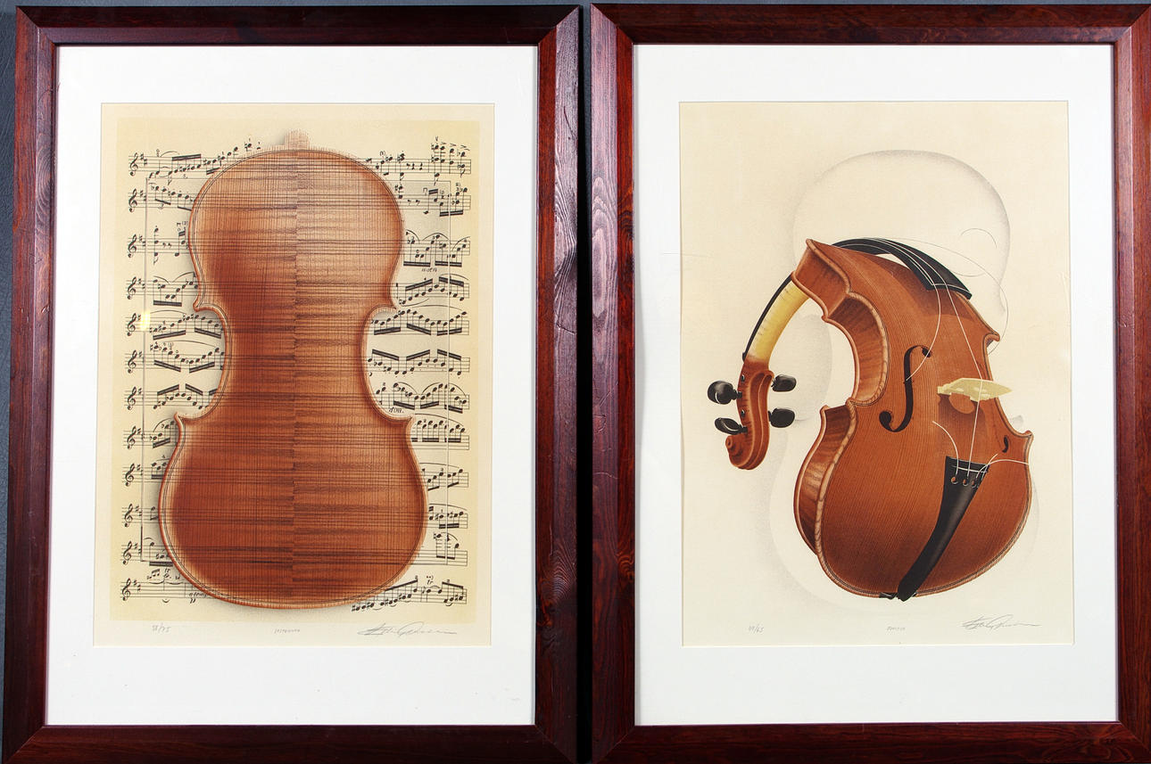 ERLING GUTAVSSON. 2 färglitografier, kompositioner med fiol.