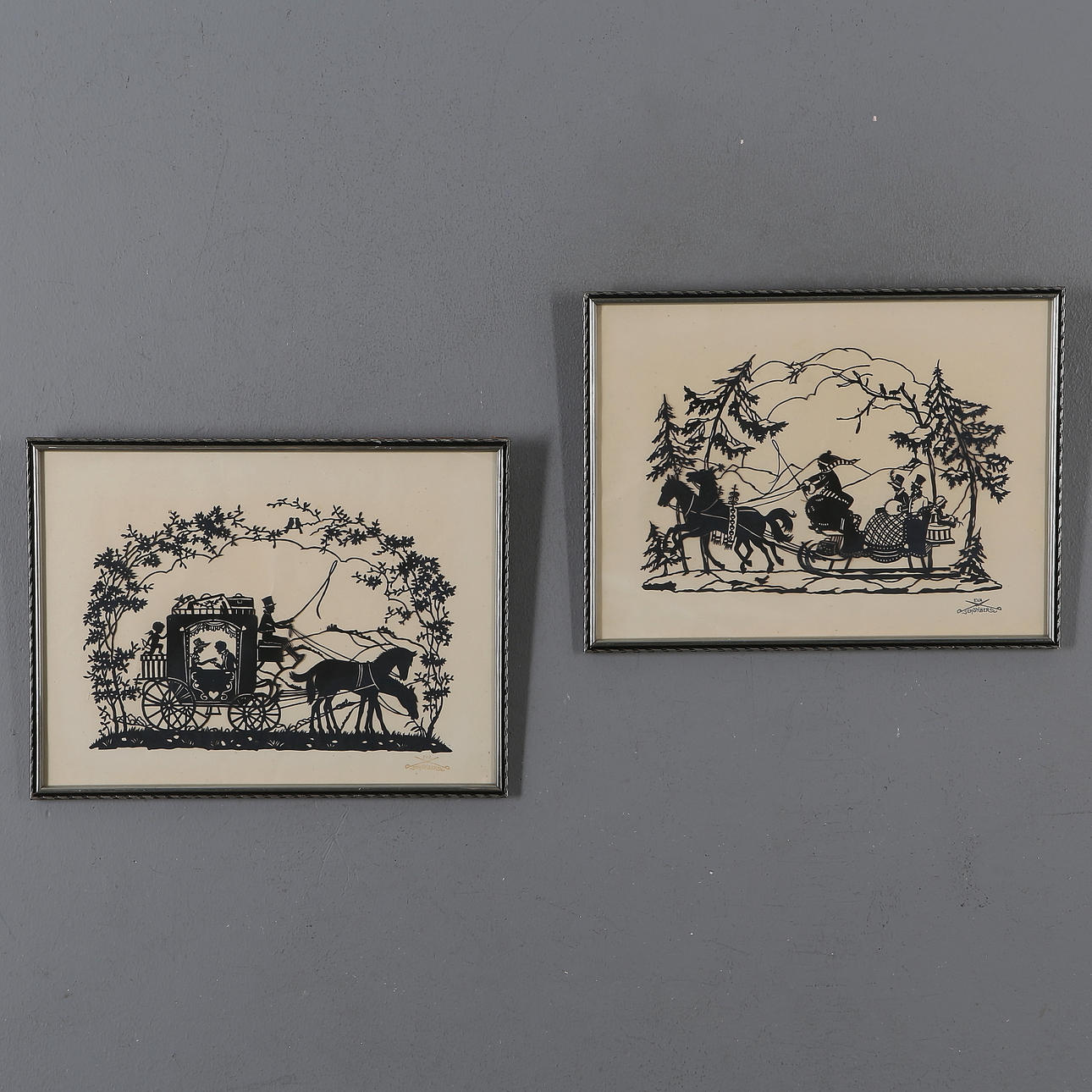 EVA SCHÖNBERG. 2 Stück, Scherenschnitt, gestanzt.