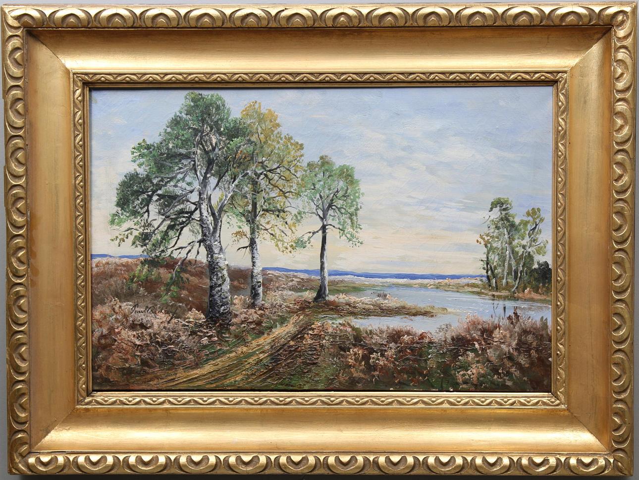 PAUL RICHTER. Landskap med träd och sjö. Olja på duk. Signerad.