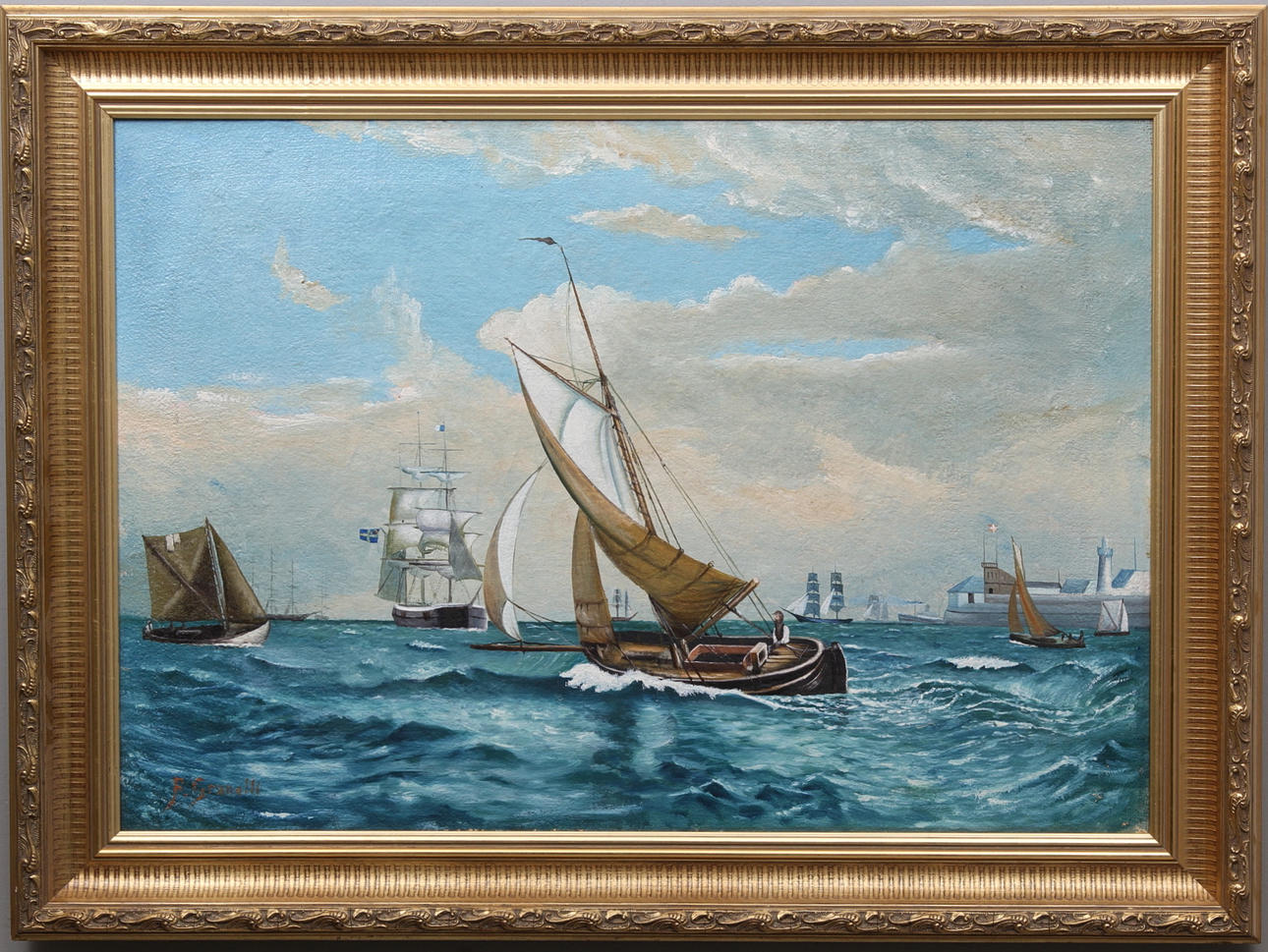 OKÄND KONSTNÄR. Hamnmotiv med segelbåtar och fullriggare. 1900-tal. Olja på duk. Signerad F.Granell.