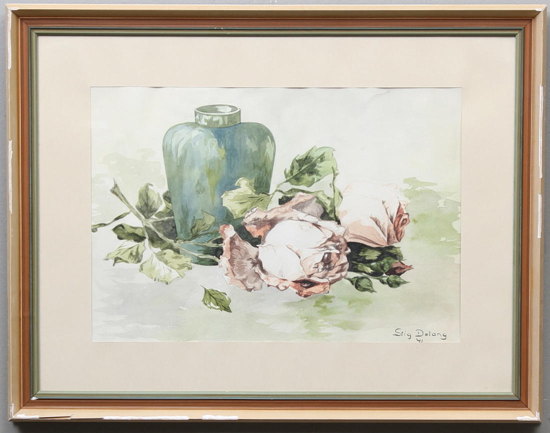 STIG DELANG. Stilleben med krus och rosor. Akvarell. Signerad och daterad 41.