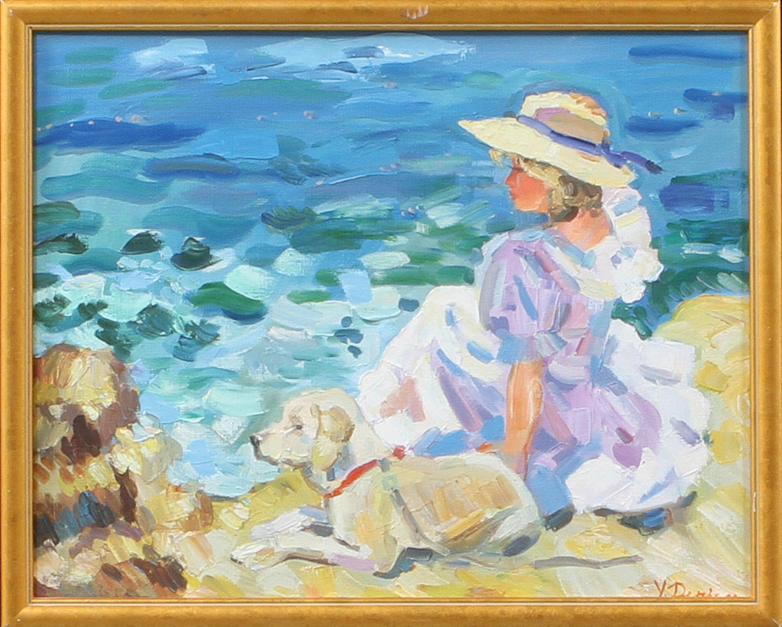 YURI DENISOV. Beach motif with girl and dog, oil on canvas, signed and dated -95.
