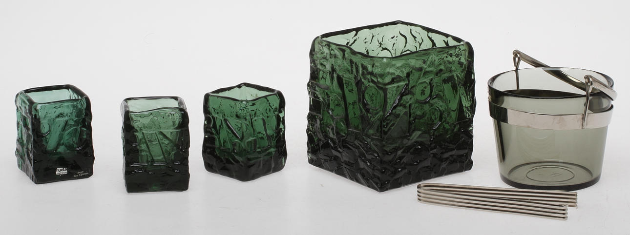 PARTI GLAS, 5 delar, Ruda glasbruk Göte Augustsson samt "Fuga" Orrefors.