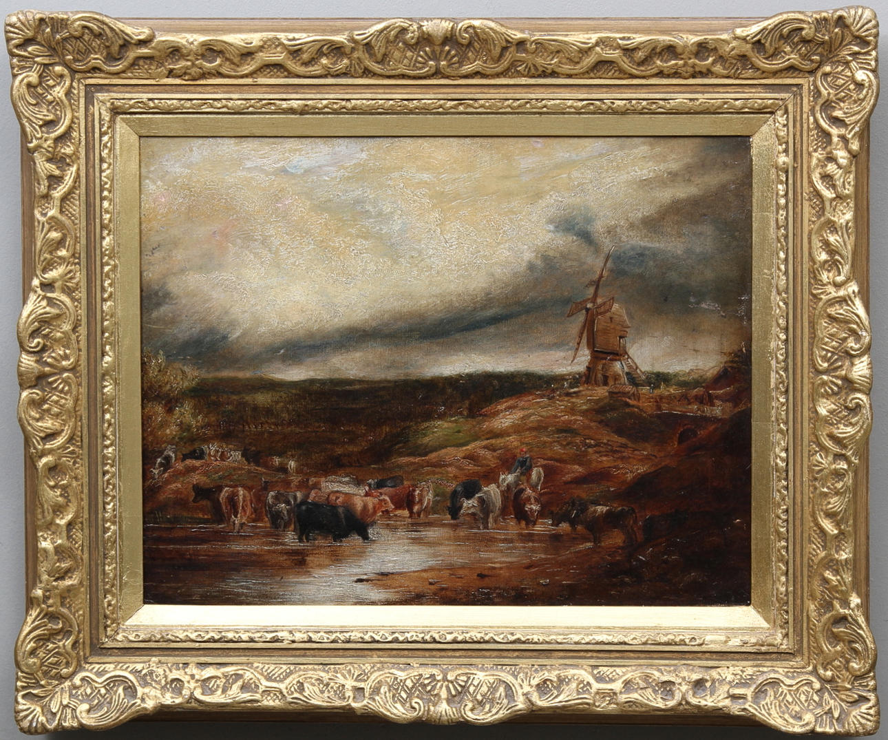 OKÄND KONSTNÄR. England, 1800-tal. Landskapsmotiv med highland cattle och väderkvarn. Olja på duk. Osignerad.