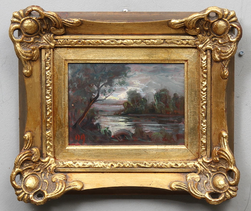 OLOF DYNET. Sjölandskap i månljus. Olja på pannå. Monogramsignerad OD.