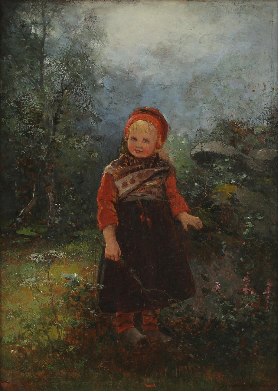 SEVERIN NILSON (1846-1918). "Flicka i landskap". Olja på pannå.