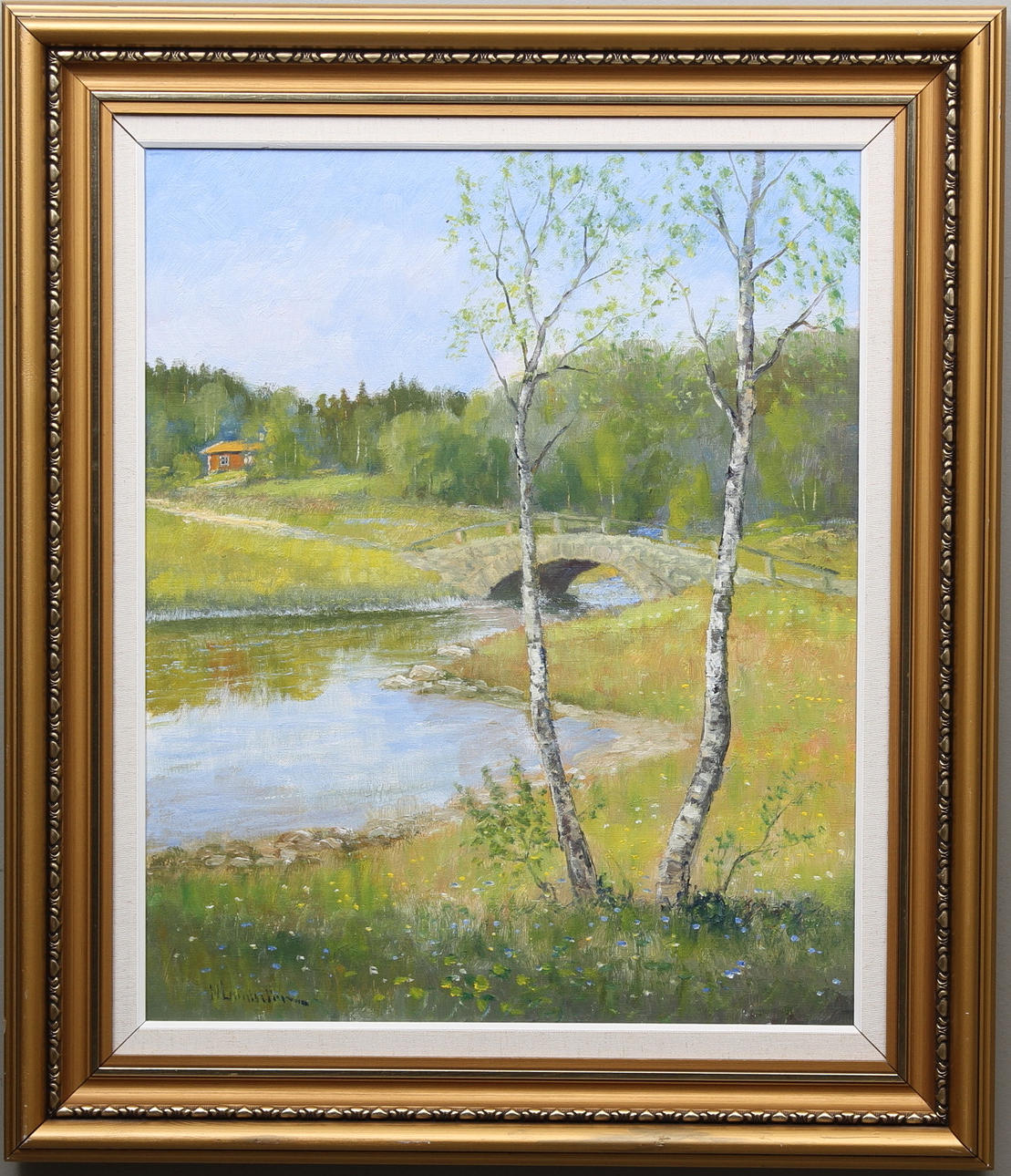 N.LUNDSTRÖM. Sommarlandskap med, hus, björkar och stenbro. Olja på du. Signerad.